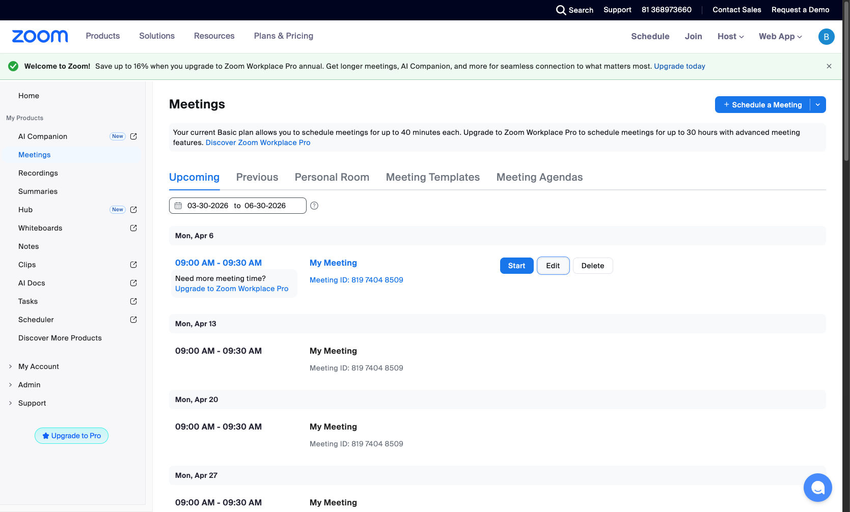 Navigate to zoom.us/meeting#/upcoming
