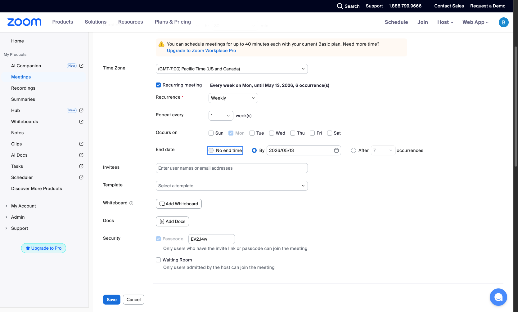 Set end date options