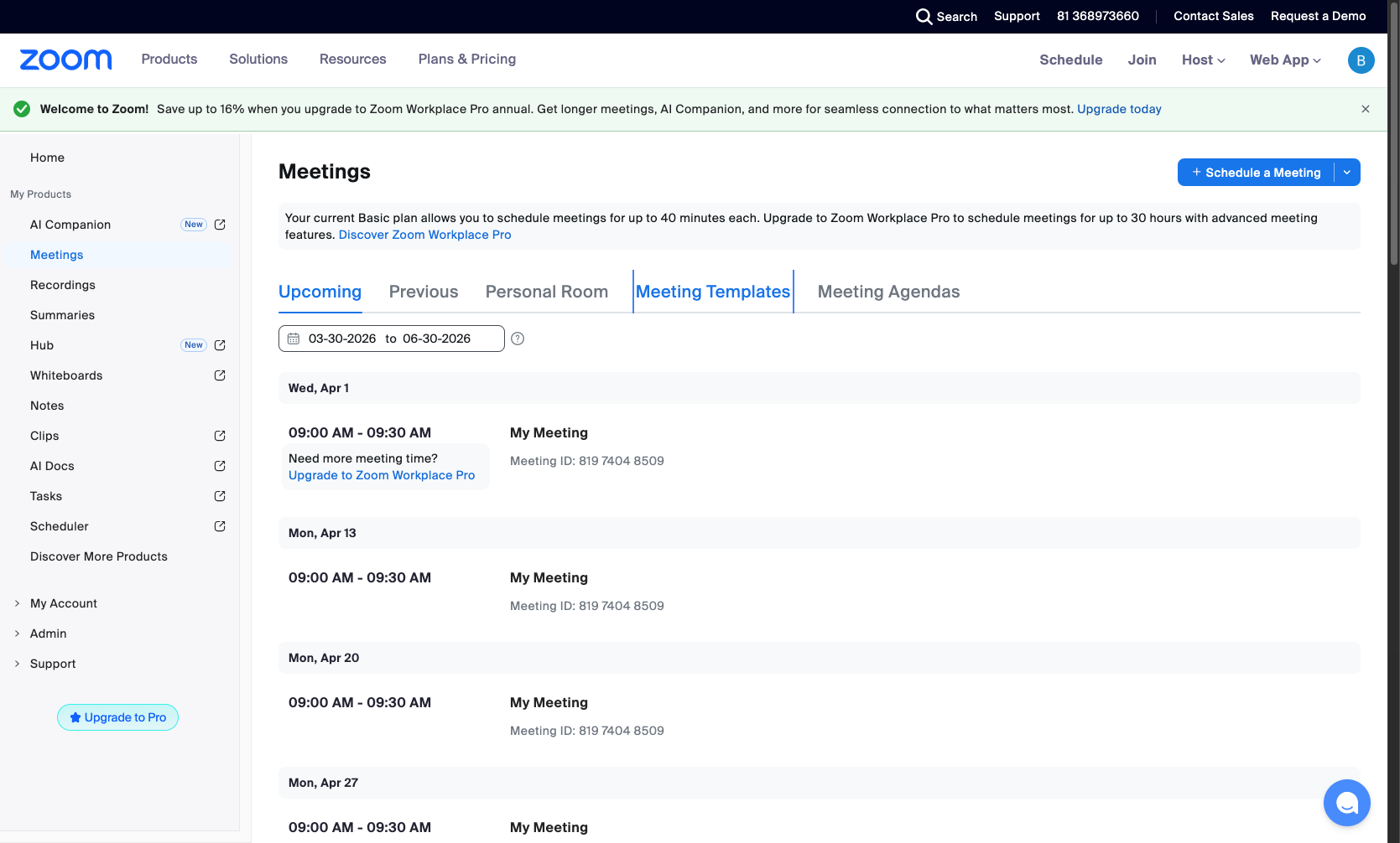 Navigate to zoom.us/meeting#/upcoming