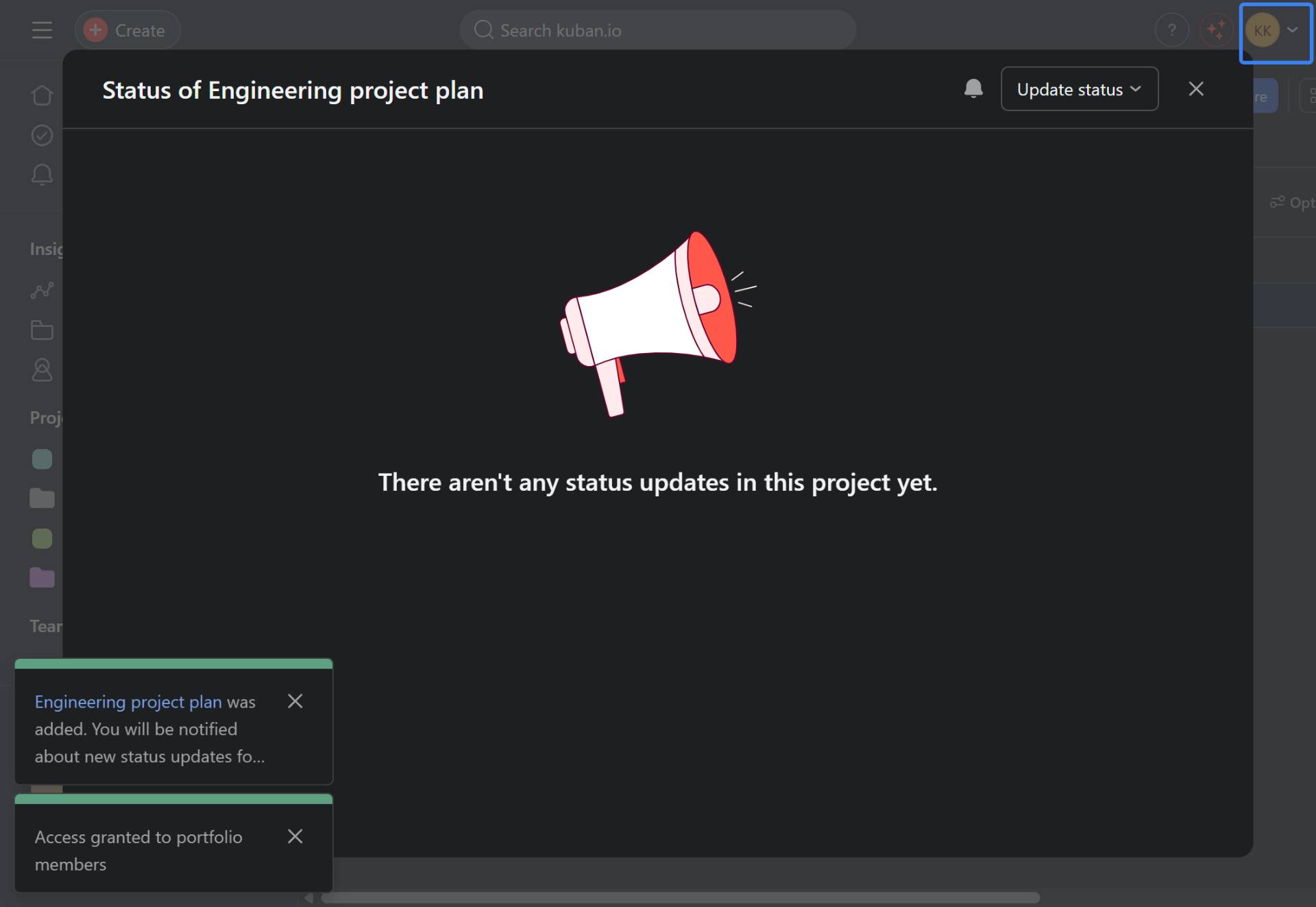 Open the status update dialog