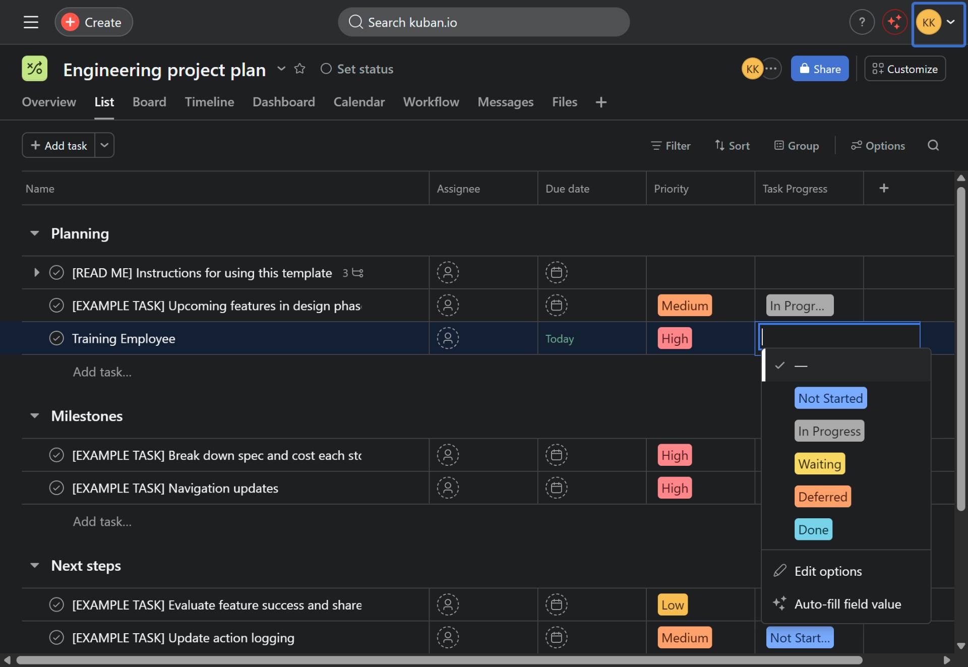 Set task progress status