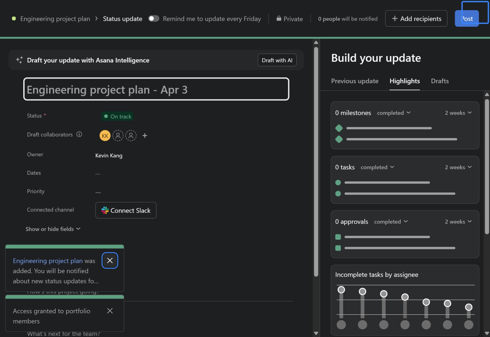 Close the status dialog and open the editor