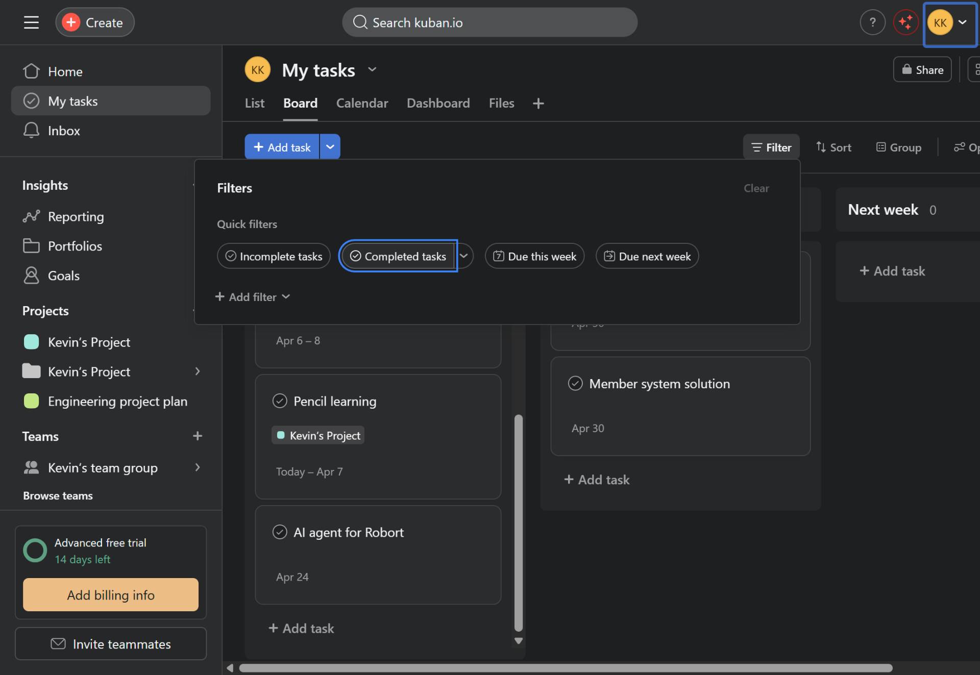 Filter by task completion status