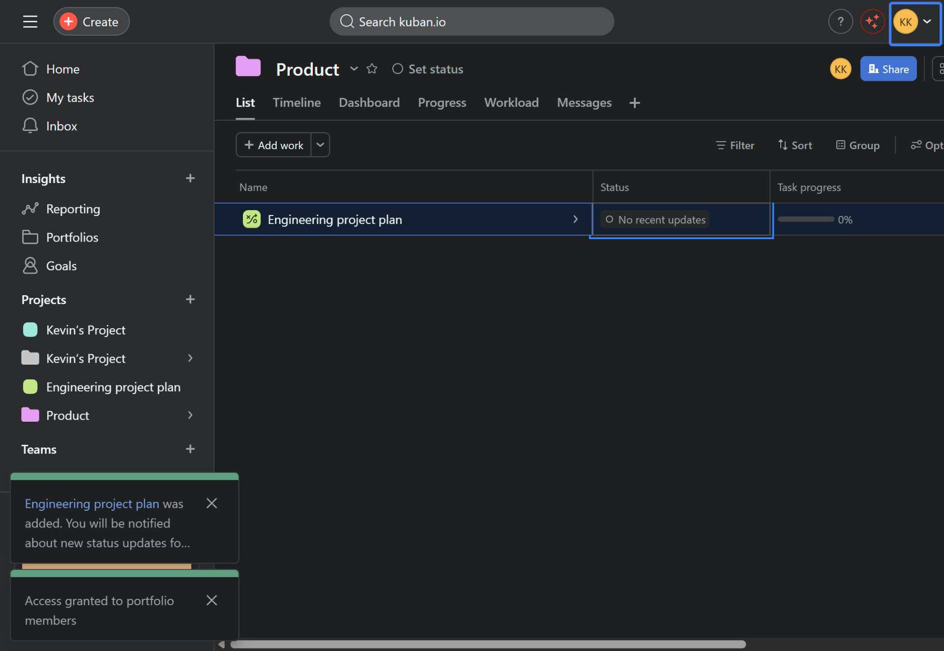 Click on the project status area