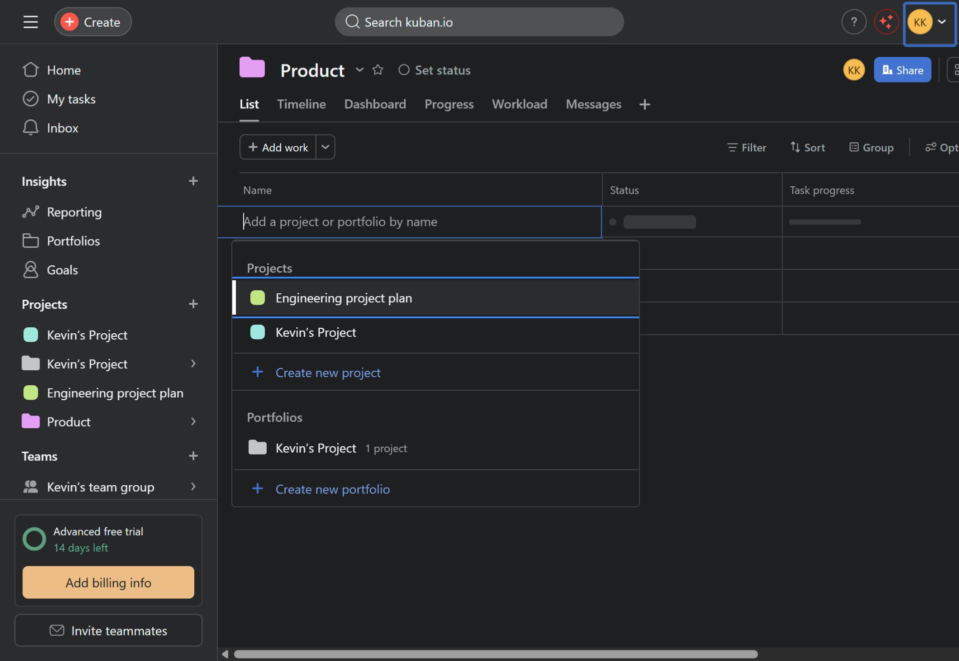 Select a project to add